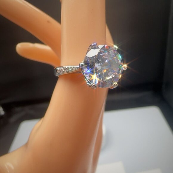 CZ Engagement Ring 4CT Round Cut Silver Tone Pave Band Size 8 - Picture 9 of 10